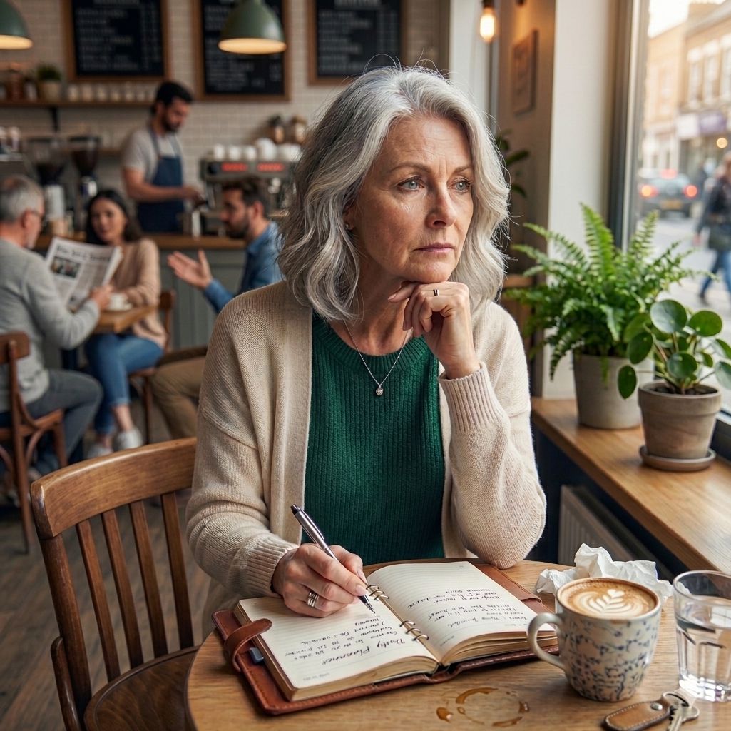 A woman writing in her journal at a café window